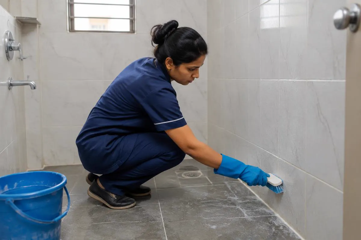 Scrubbing bathroom tile grout during a move-in deep clean